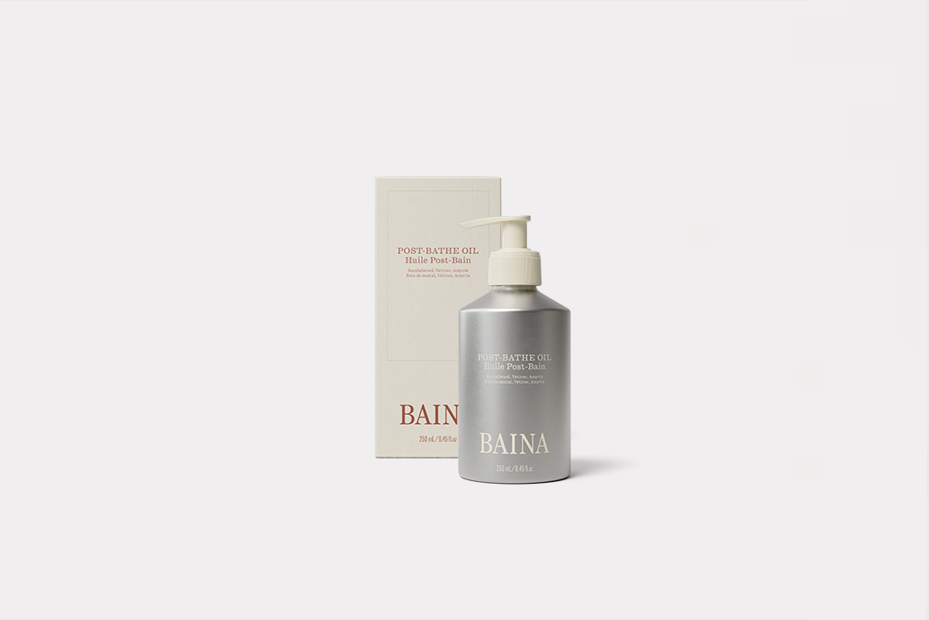 BAINA post bath oil bottle and packaging on a white background