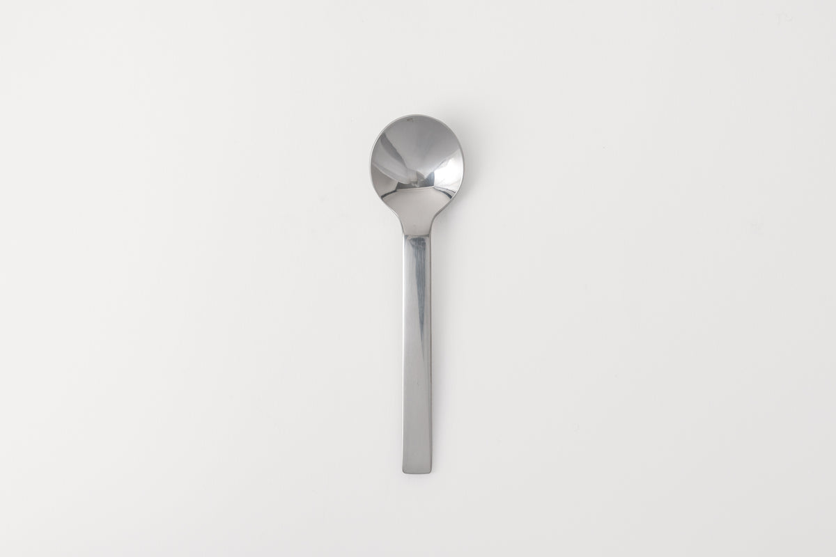 A single silver stainless steel tea spoon placed on a white surface.