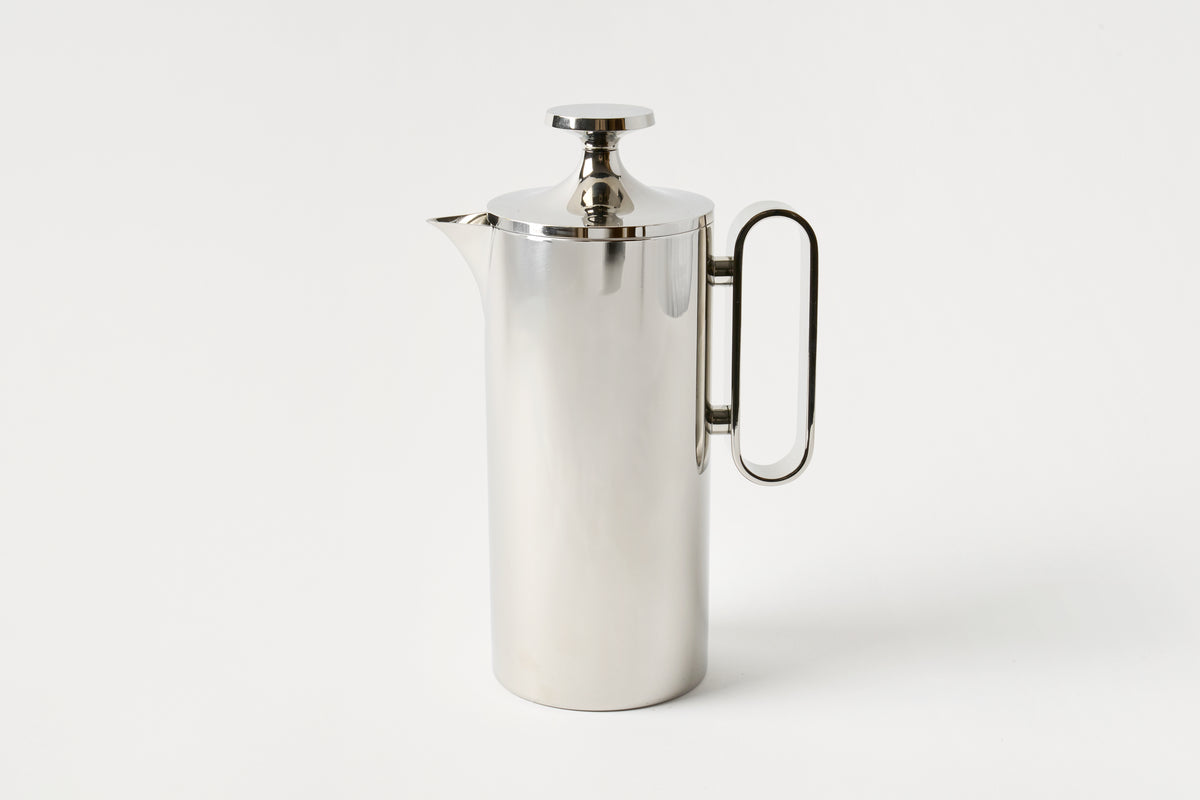 Silver French press coffee maker on a white background