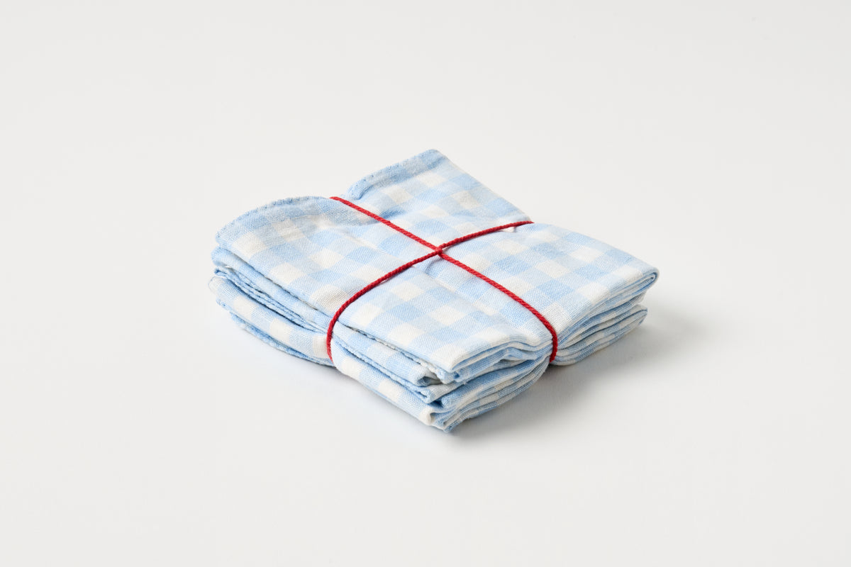 Folded blue and white checkered napkins tied with red string on a light gray background