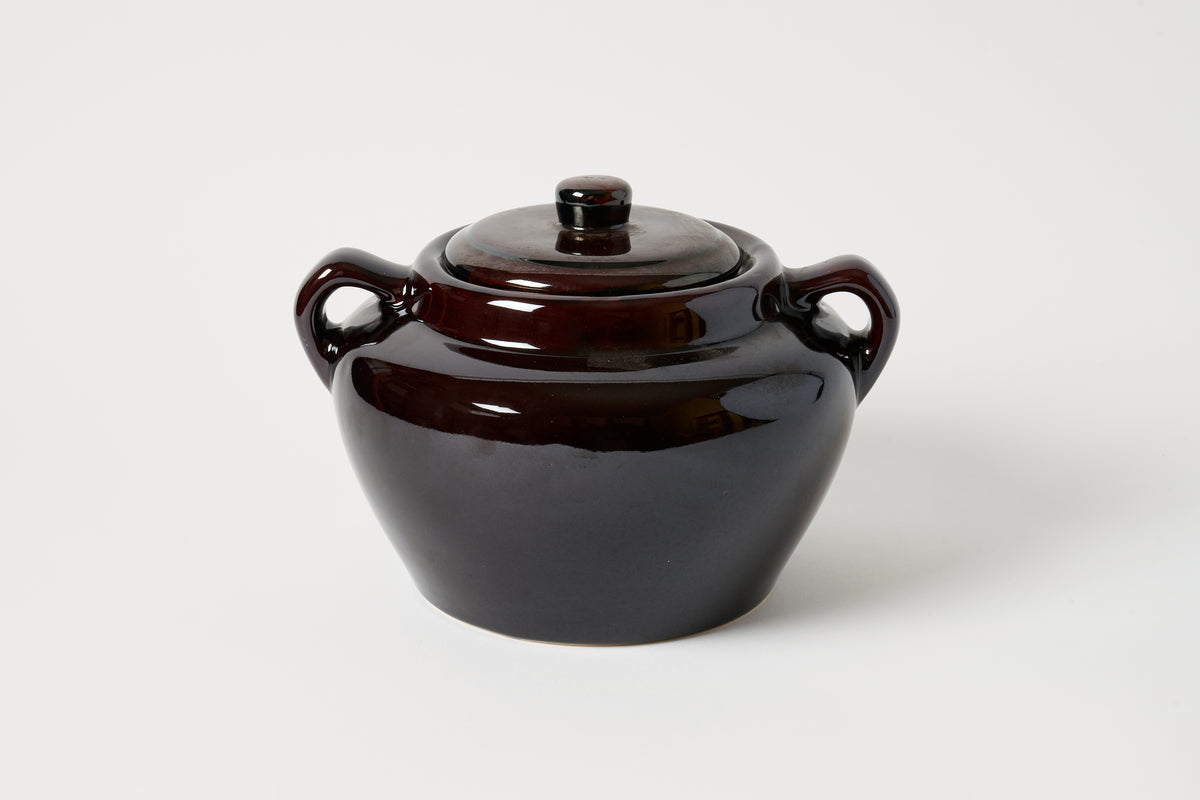 A glossy dark brown ceramic lidded pot with two side handles, photographed on a clean light gray studio background.