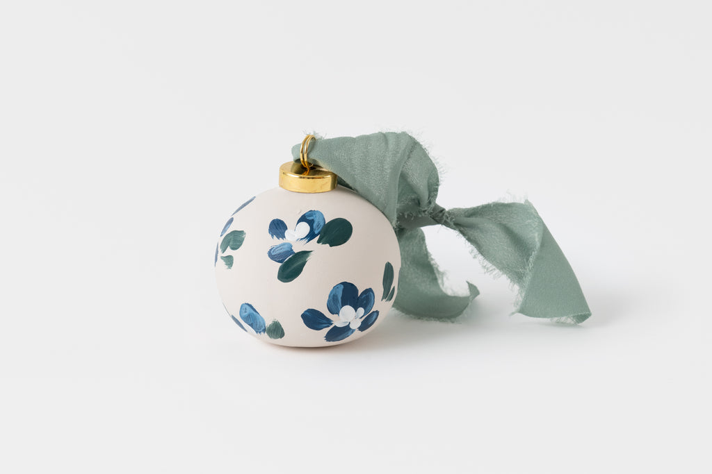 Floral Christmas Ornament Blue with Green Leaves