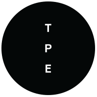 A black circular graphic with the letters 'T', 'P', and 'E' stacked vertically in white sans-serif font.