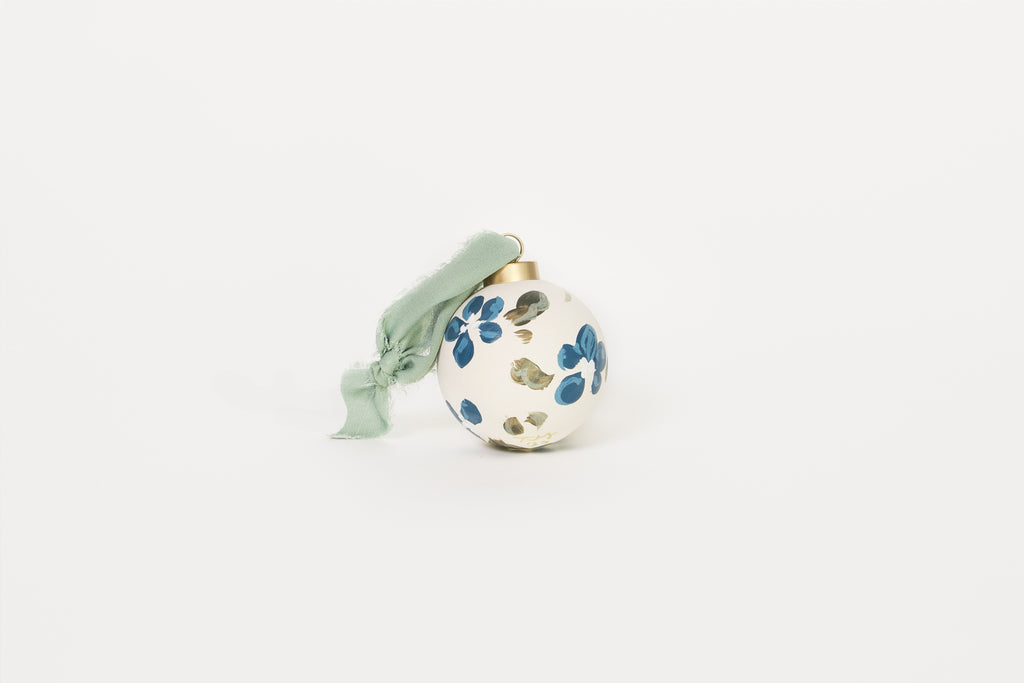 Floral Christmas Ornament Blue with Green Leaves